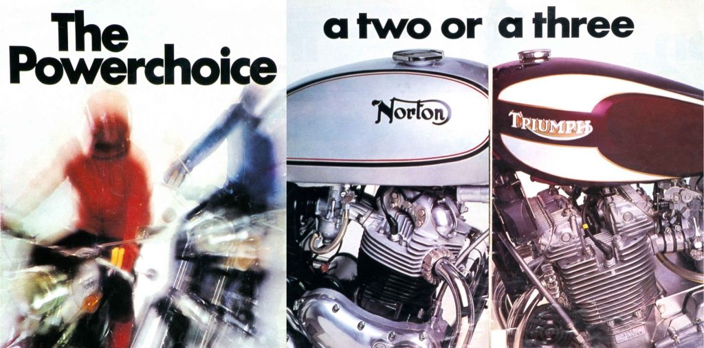 Norton Villiers Triumph 'Powerchoice' brochure spread showing two blurred riders on the left alongside close-up engine shots of the Norton Commando twin and Triumph Trident three-cylinder