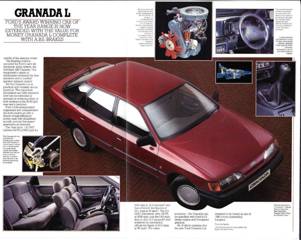 Scanned original Ford Granada L brochure spread featuring a burgundy red Mk2 Granada five-door hatchback