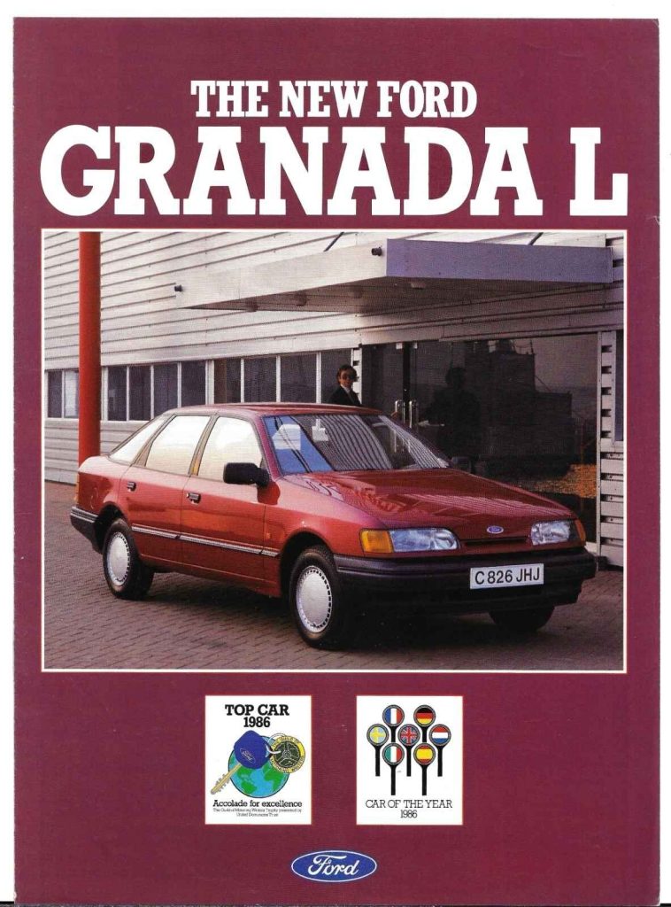 Cover of an original Ford Granada L sales brochure showing a burgundy red Mk2 Granada