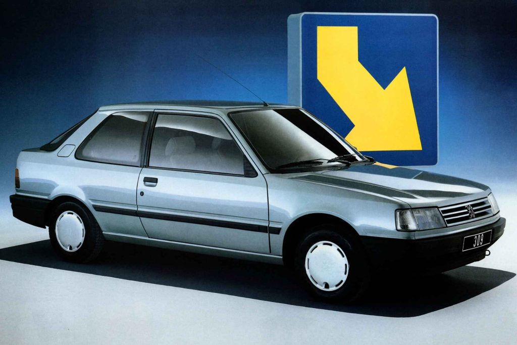 Peugeot 309 three-door hatchback in silver, original press launch photo with graphic arrow motif