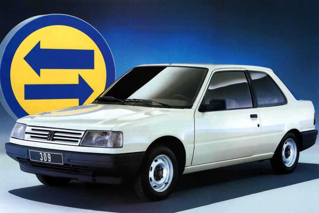 Peugeot 309 three-door in white, original press studio photo with blue and yellow circular graphic